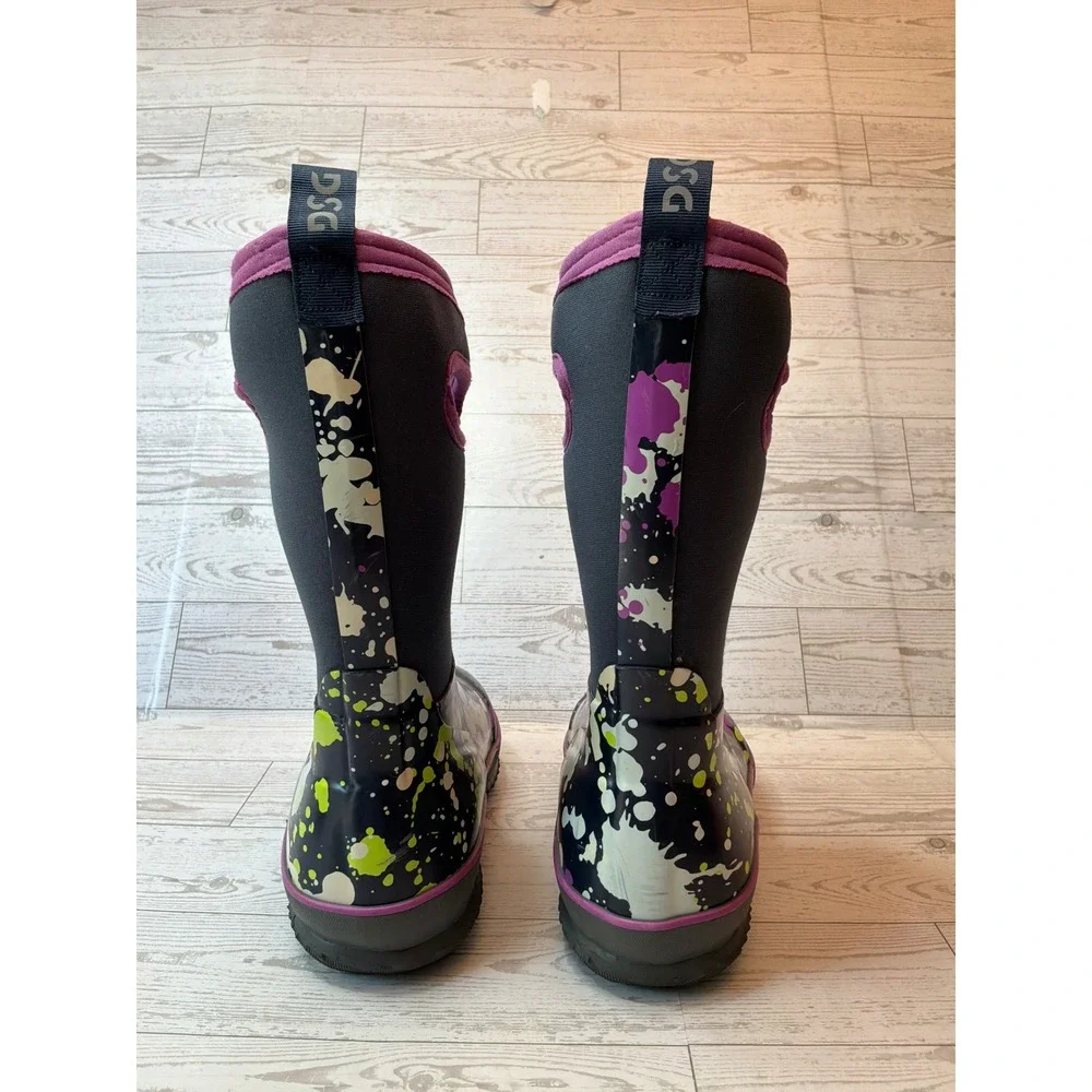 DSG Kids Size 2 Purple Paint Splatter Waterproof Rain Boots Pull On Outdoor